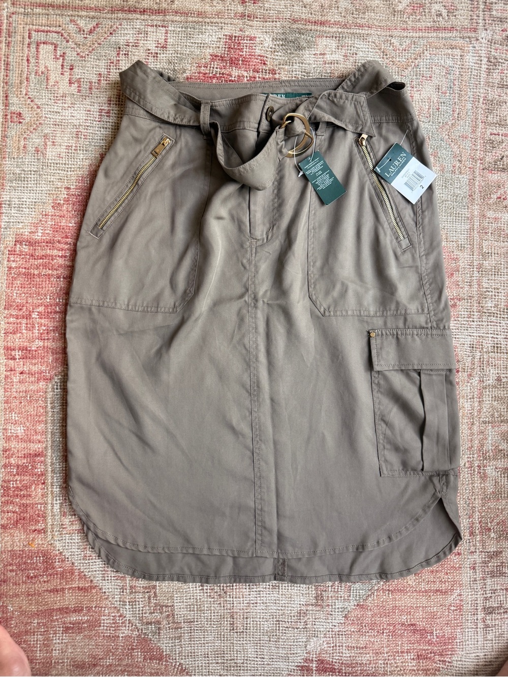 Ralph Lauren Olive Green Utility Midi Skirt with Ring Belt